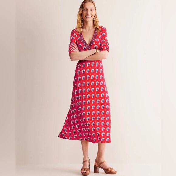 Boden Rebecca Jersey Midi Tea Dress In Passion Geo Orange Size 6R Party Shower - Picture 4 of 15